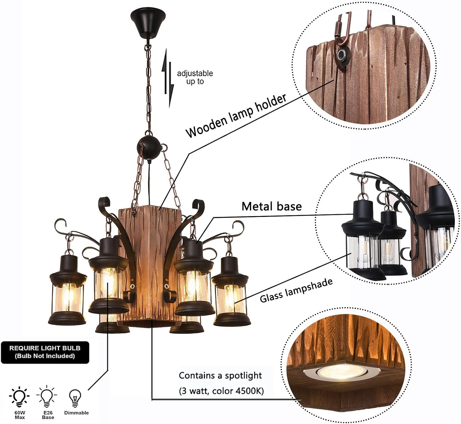OUKANING Distressed Wooden Chandelier Retro Rustic Pendant Light - Industrial Suspension Ceiling Light line Can be Adjusted ly for Dining Table Vintage Kitchen, Bar, Island (6 lamp)