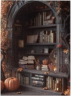Enchanted Reading Nook Gothic Shelves Glowing Pumpkins Vintage Books Fall Leaves Candlelight Wooden Jigsaw Puzzles for Adults 500 Pieces Decompression Parlor Decor Weekend Activity