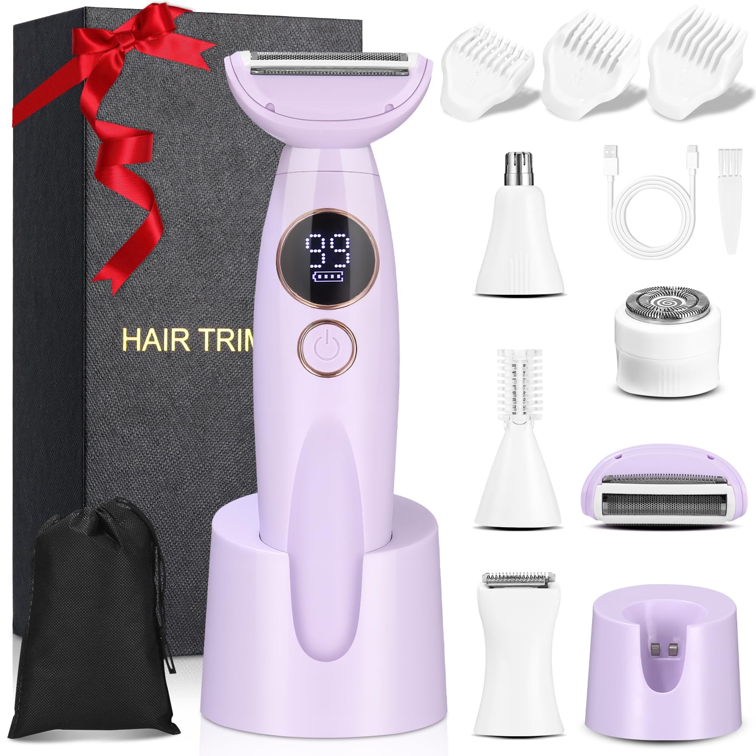 Afeitadora Mujer, 5 en 1 Afeitadora Electrica Mujer, Rasuradora Mujer con estación recargable USB, Rasuradora Mujer Zona Intima, para El Cuerpo, La Línea Del Bikini, Las Cejas y La Nariz - Violeta