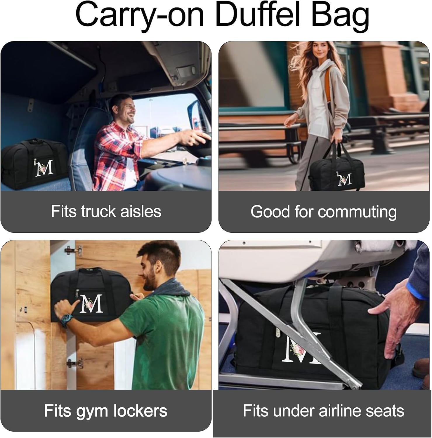 Small Gym Bag for Women Letter Style Small Duffle Bag for Travel Sport Carry on Bag-Black(Letter M) - Image 2