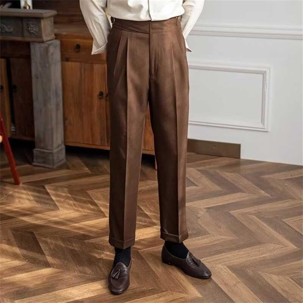 Pantaloni eleganti da uomo, casual, da lavoro, gamba dritta, elasticizzati, comodi, pieghettati, chino, da golf, lunghi in cotone e lino, Beige, S - JOSDA