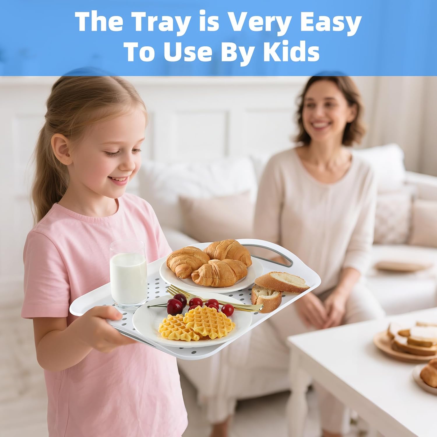 Large Non-Slip Serving Tray with Handles - Suitable Serving Tray, Food Tray, Trays for Serving Food,Serving Platters - an Ideal Dining Choice, White - 2 Pack