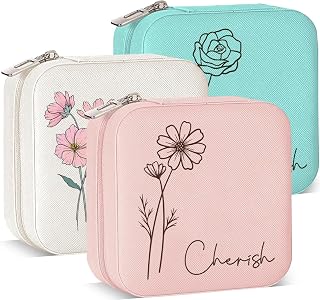 Custom Travel Jewelry Box with Name & Birth Flower - Personalized Bridesmaid Proposal, Birthday Gift for Women & Teens