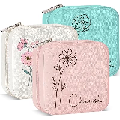 Ships Next Day, Custom Travel Jewelry Box with Name Birth Flower, Birthday Gifts for Women, Bridesmaid Proposal Gifts Personalized Small Travel Jewelry Case, Christmas Customized Gifts for Teen Girls
