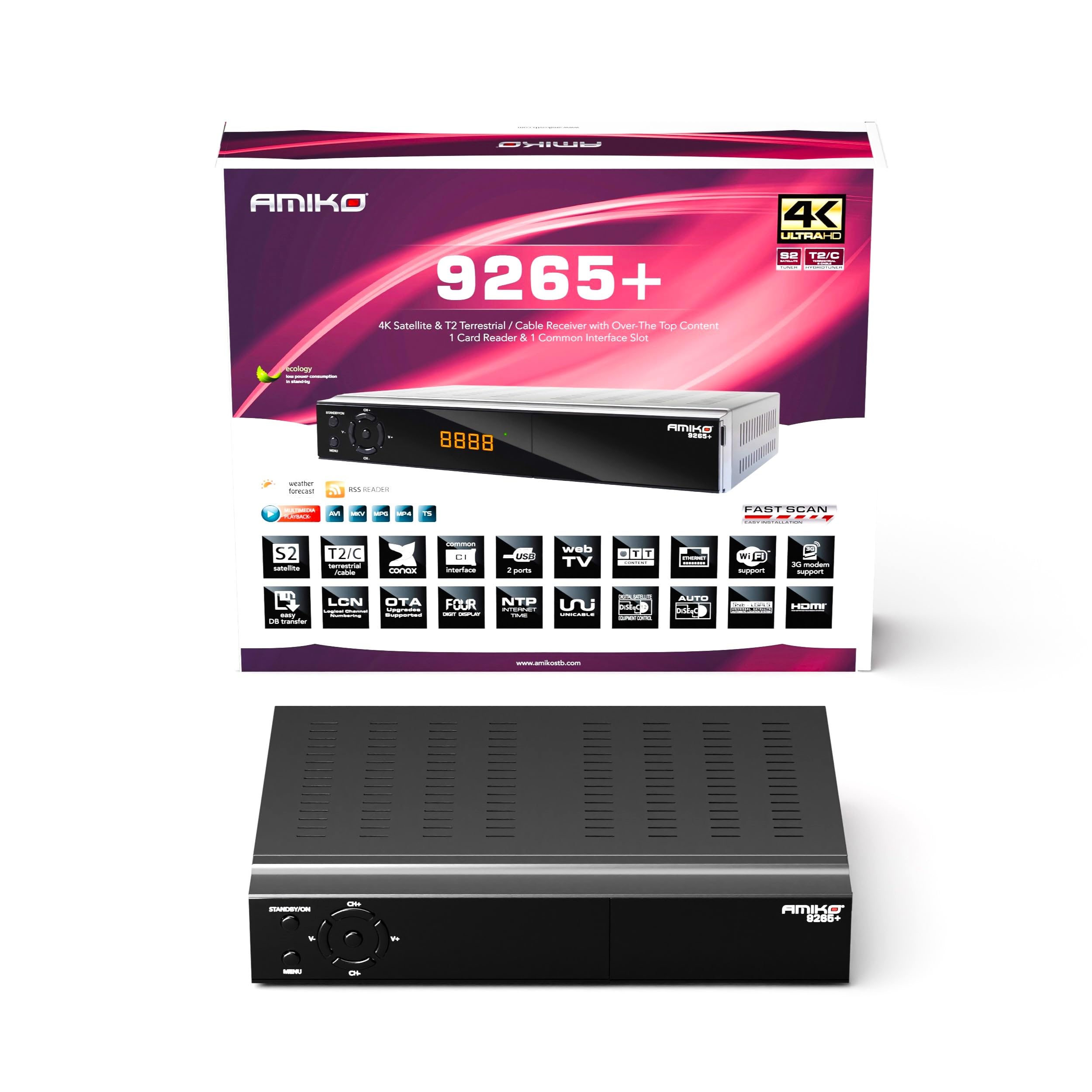 AMIKO 9265+ 4K UHD Combo odbiornik satelitarny i DVB-T2 z funkcją nagrywania PVR, czytnikiem kart, gniazdem CI, do anteny satelitarnej, telewizji kablowej i odbioru DVBT2, kabel H.265 + M@TEC HDMI