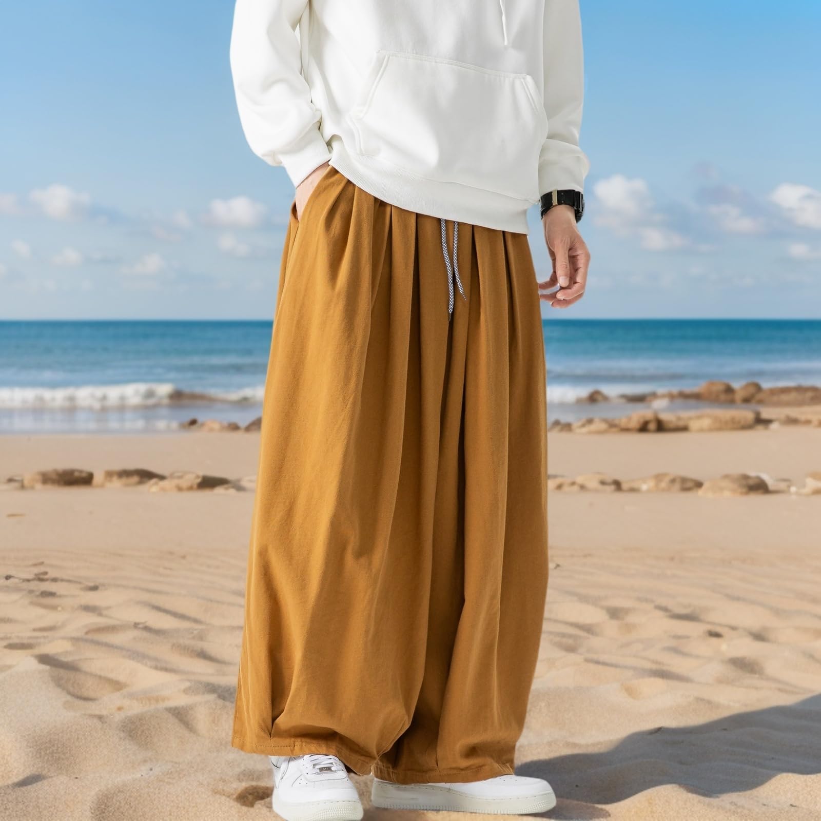 GURUNVANI Pantaloni harem da uomo a gamba larga giapponesi pantaloni larghi casual elastico in vita pantaloni