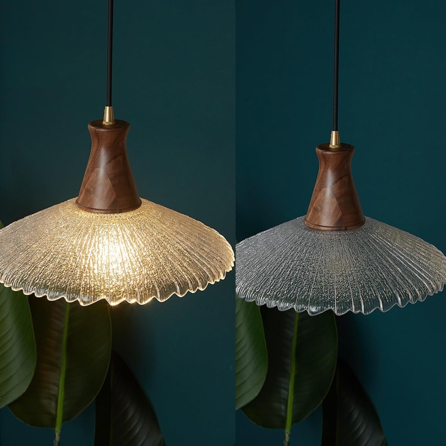 Pendant Lamp Vintage Wood Textured Glass E26 Height Adjustable for Bedroom Dining Room Living Room Kitchen Study Cafe Rustic Style 21cm 31cm (31cm)