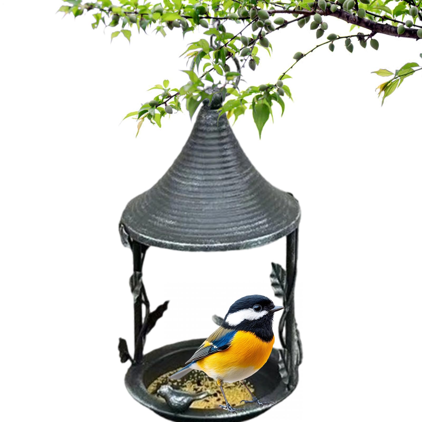 Mangeoire oiseaux jardin balcon : distributeur métal avec toit