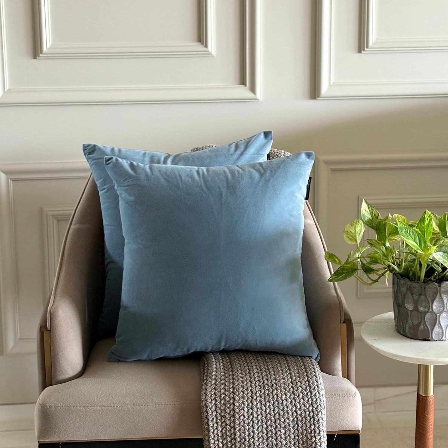 Dusty Blue Decorative Throw Pillow Covers 14"x14" | Pack of 2 Modern Plain Velvet Cushion Cover | Solid Color Pillowcases for Couch, Sofa Bedroom & Living Room, Modern Home Décor - Dusty Blue Velvet