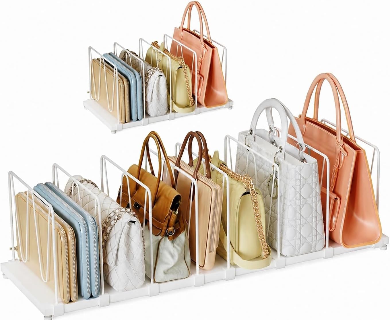 Dmevkic Extendable Purse Organizers Purse Storage. Length 15-27inch. Bag Organizer Purse Holder for Closet with 8 Adjustable Shelf Dividers（White）