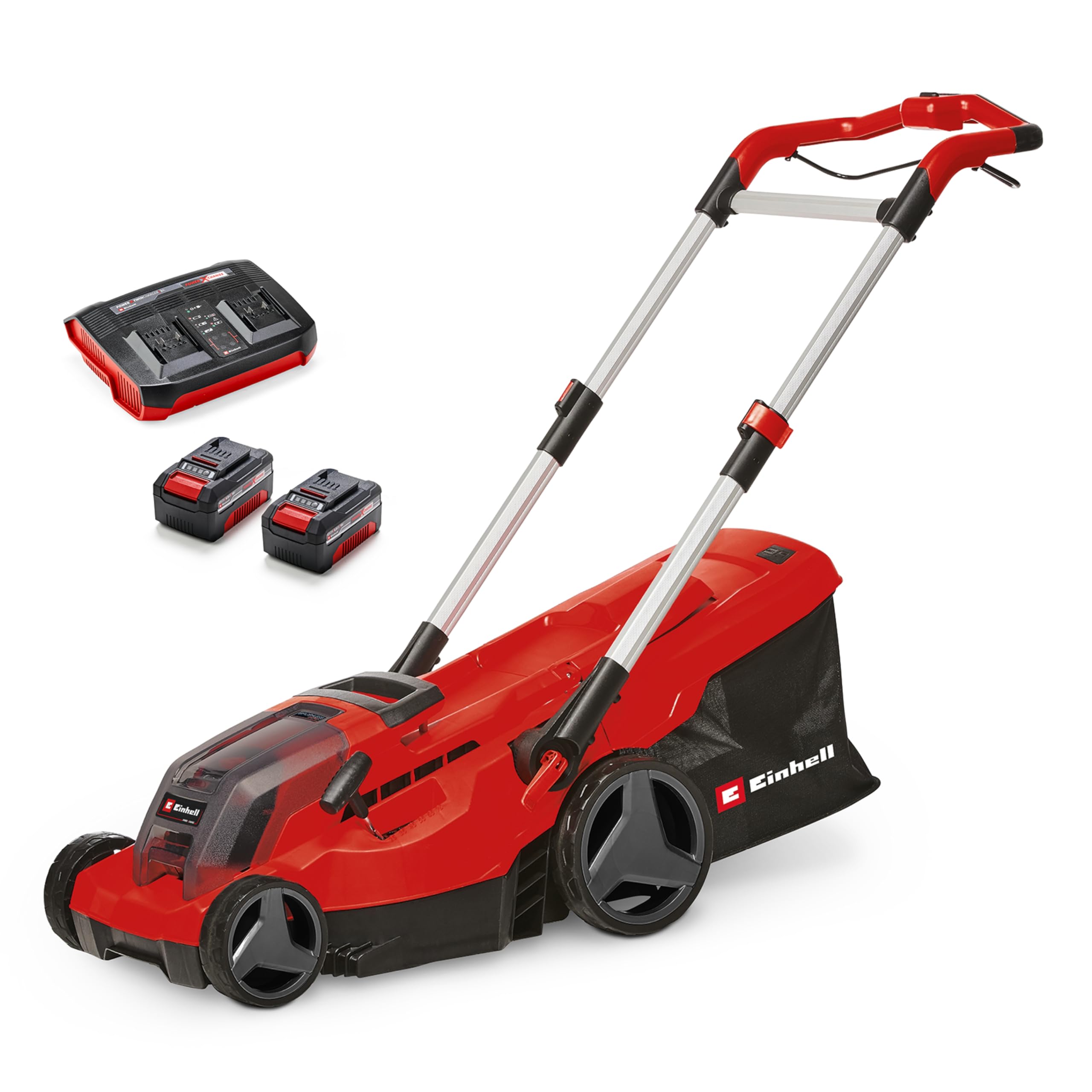 Einhell Akku-Rasenmäher GP-cm 36/450 Kit Power X-Change (36 V, 38 cm Schnittbreite, 450 m², Brushless, Mulchfunktion, 45 L Fangsack, inkl. 2 x 4,0 Ah Akkus + Twincharger)