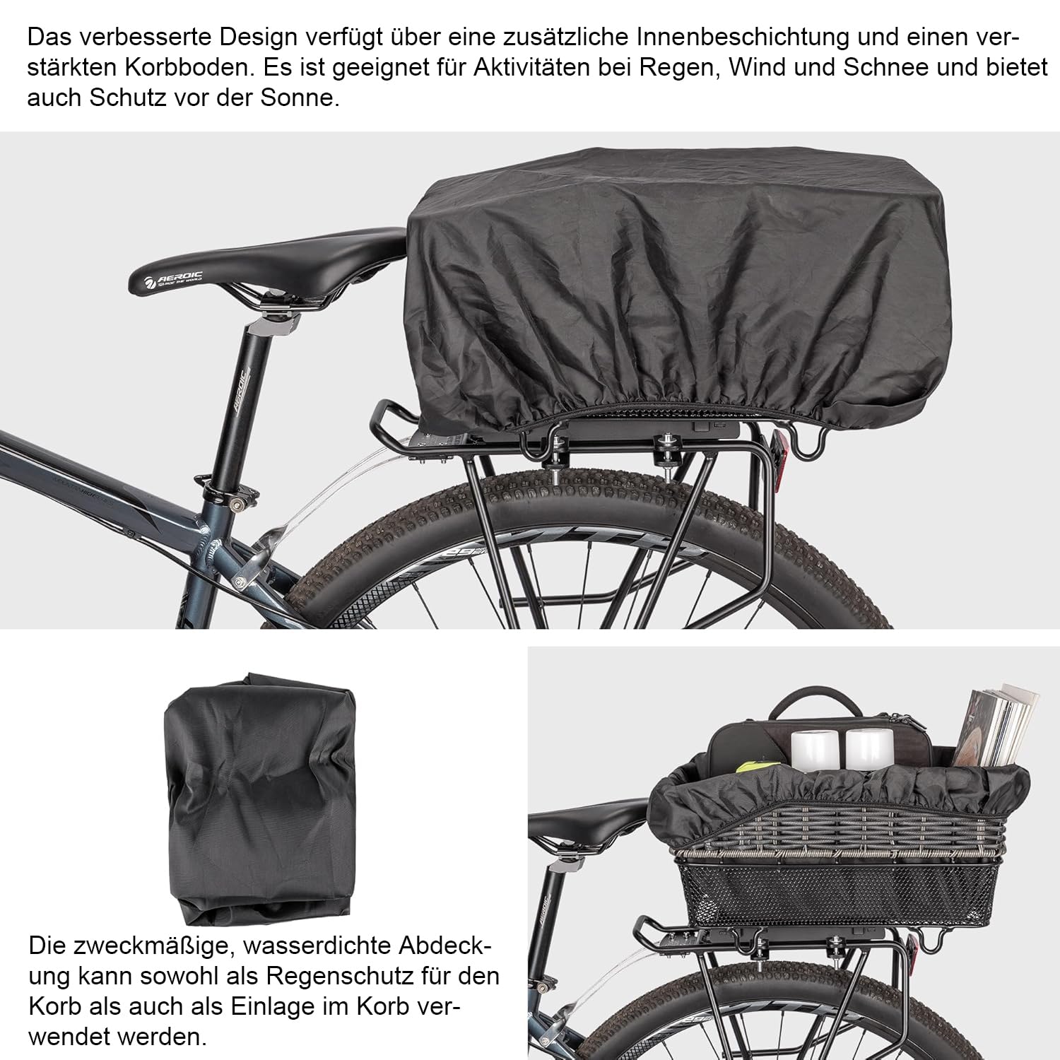 CXWXC Hinterer Fahrradkorb mit Griff – Schnell Abnehmbarer Fahrrad Heckkorb mit Gepäcknetz und wasserdichter Abdeckung, großer Drahtkorb für das Fahrradheck