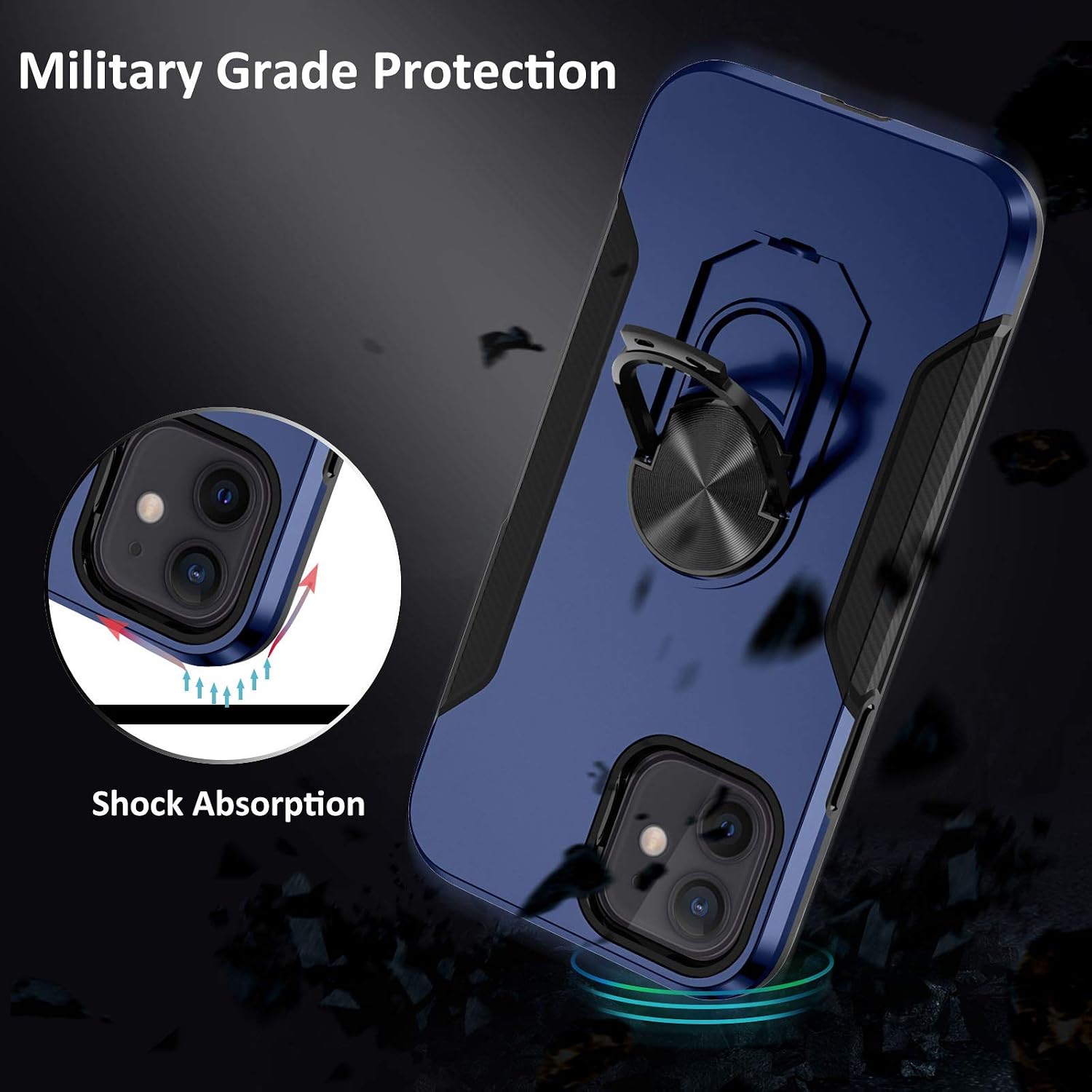 Charlam Compatible with iPhone 12 case 6.1", Compatible with 12 Pro Case for Women Men, Military Grade Protection Shock Resistant Heavy Duty Dual Layer Protection Phone Case with Ring Kickstand, Blue