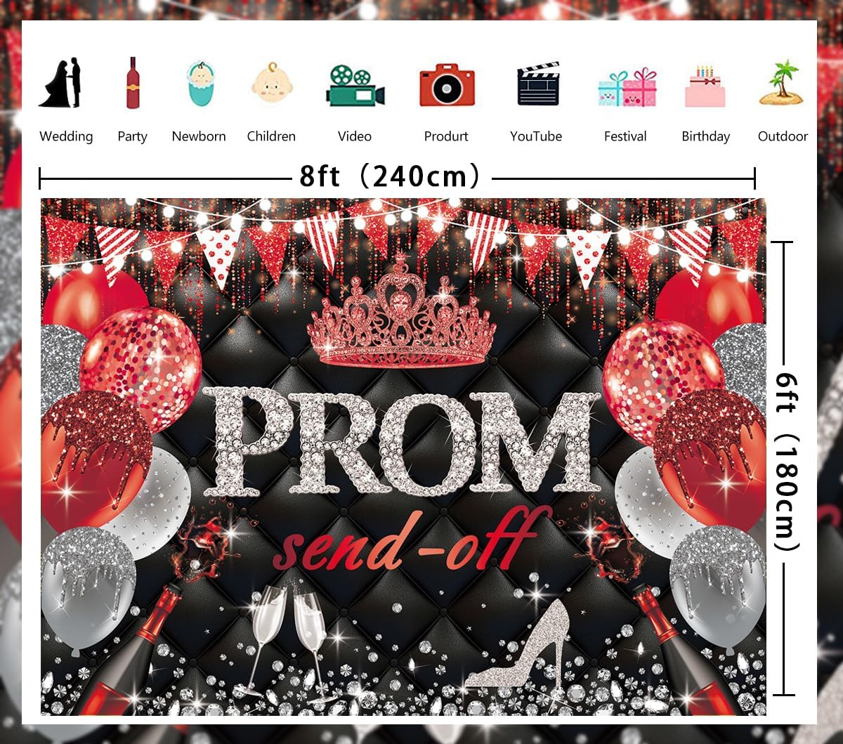 Prom Send Off 2026 Backdrop Black Red Silver Class of 2026 Prom Night Background Graduation Party Decorations Congrats Grad Banner Photo Props (red, 94X70 inch (8x6FT))