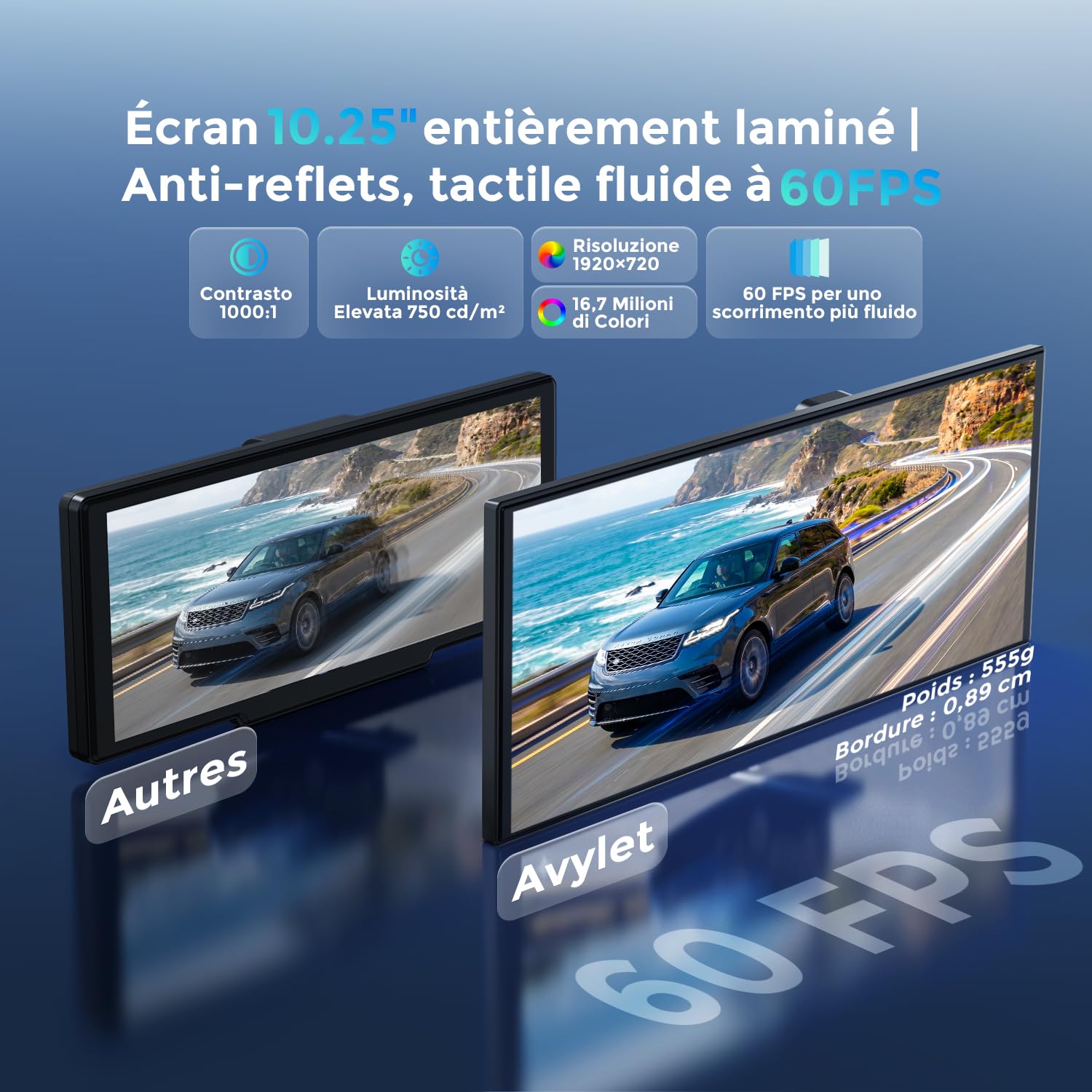 Avylet Écran 10,25" CarPlay & Android Auto, Détection AI BSD arrière | Dashcam 4K avant & HD 64Go, 1920x720P, 60FPS, Mirror Link, GPS, Navigation, Commande vocale, Bluetooth, AUX/FM