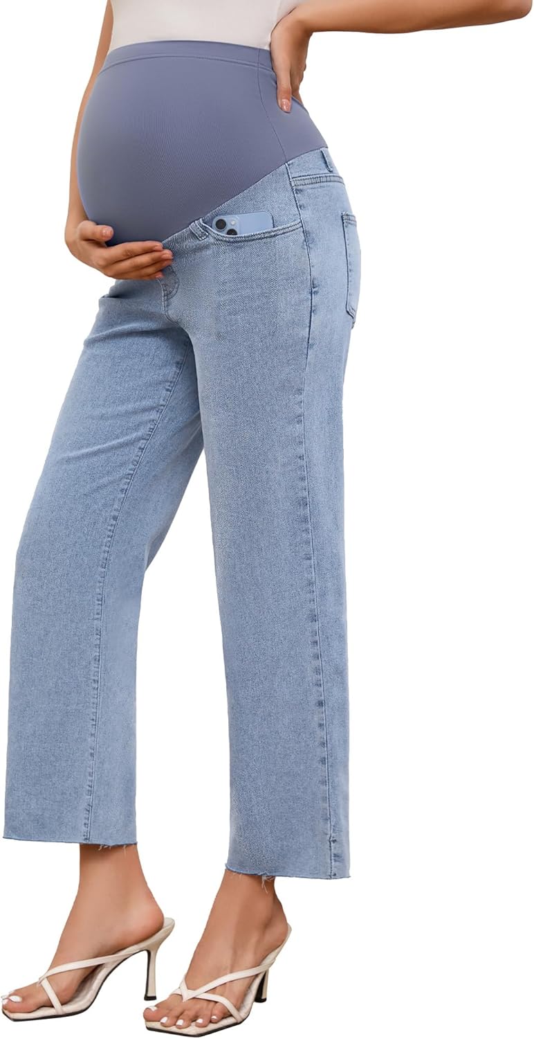 fitglam Women's Maternity Jeans Straight Leg Relaxed Fit Over Belly Pregnancy Denim Work Pants Maternity Clothes with Pockets