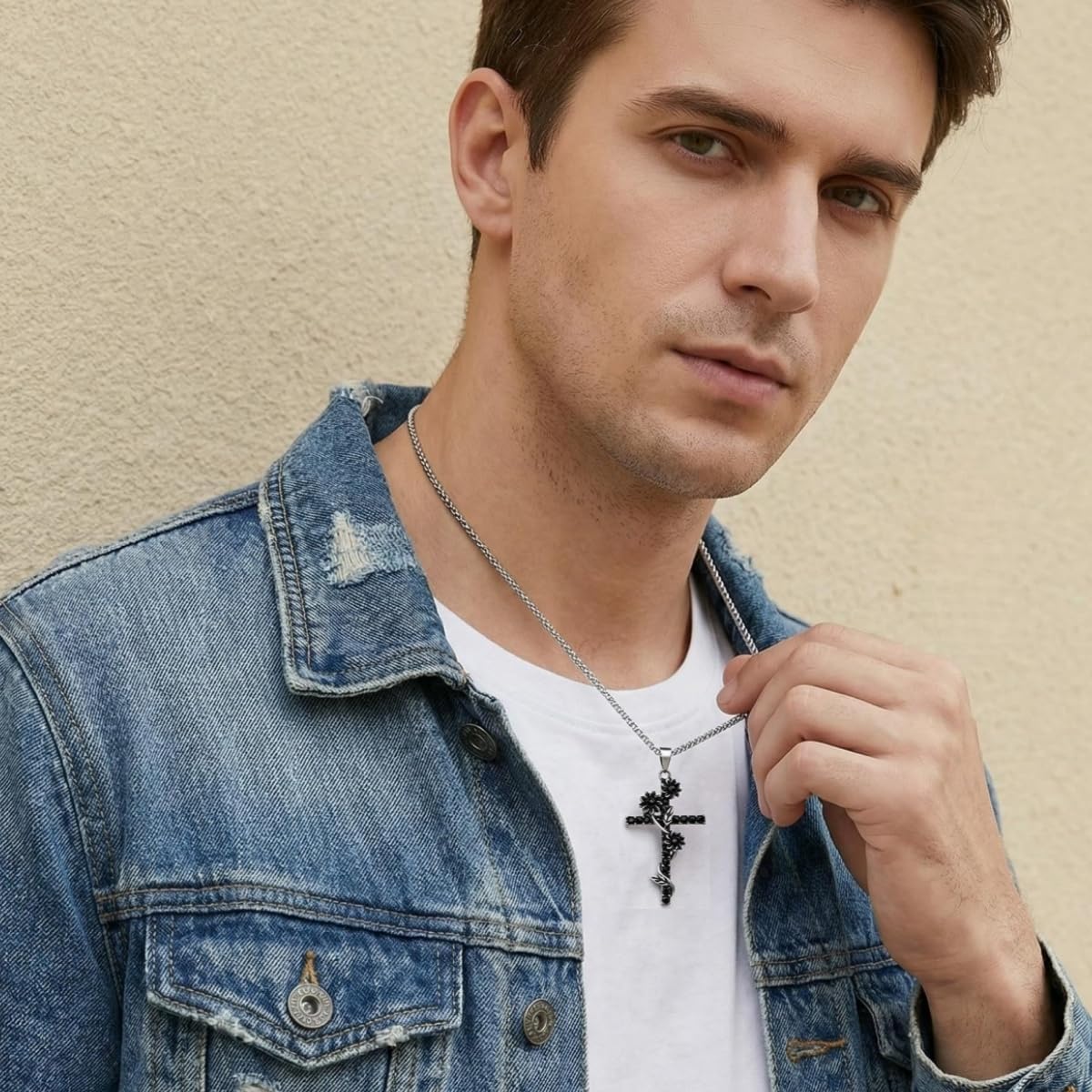 Vintage Gothic Black Cross Pendant Necklace, Stainless Steel Chain Black Rhinestone Punk Jewelry for Men Women