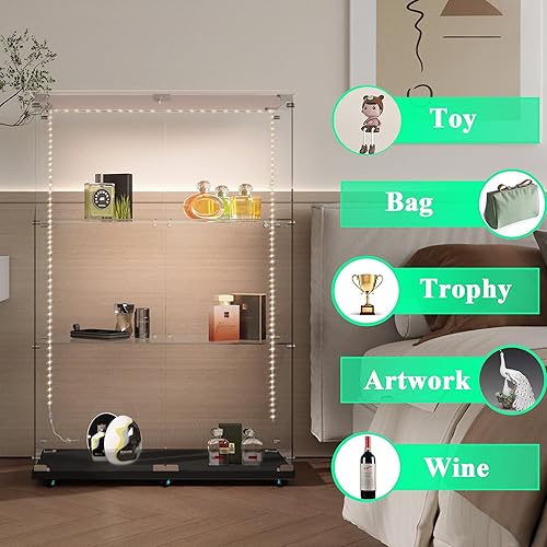 Miniatura 223 de Vitrina de cristal con 4 estantes con tira de luces LED y cerradura, vitrina de vitrina con ruedas y 1 puerta, vitrina de vidrio templado para sala