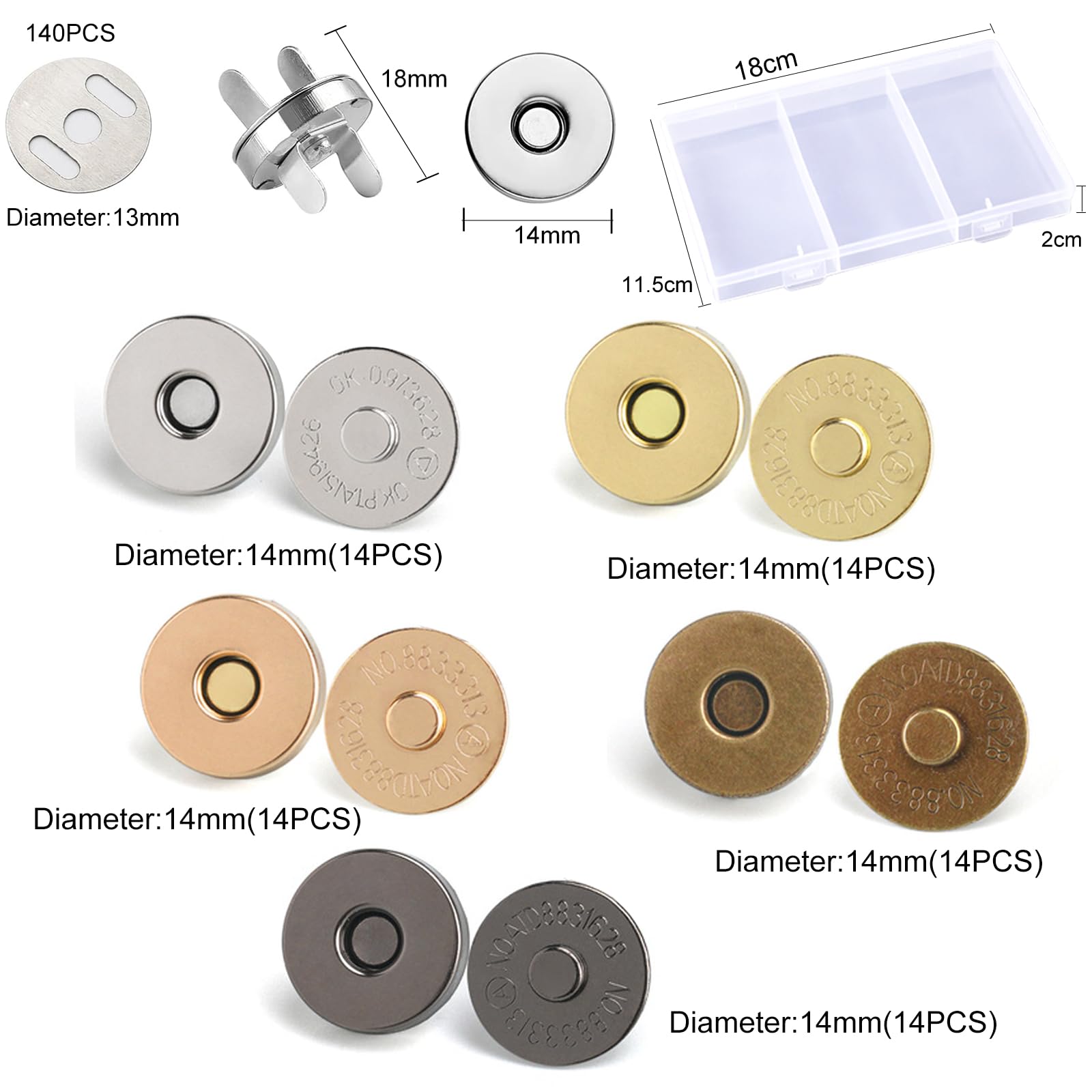 70 Bottoni Magnetici 14 Mm - 5 Colori Per Vestiti, Borse, Artigianato - Foto 5