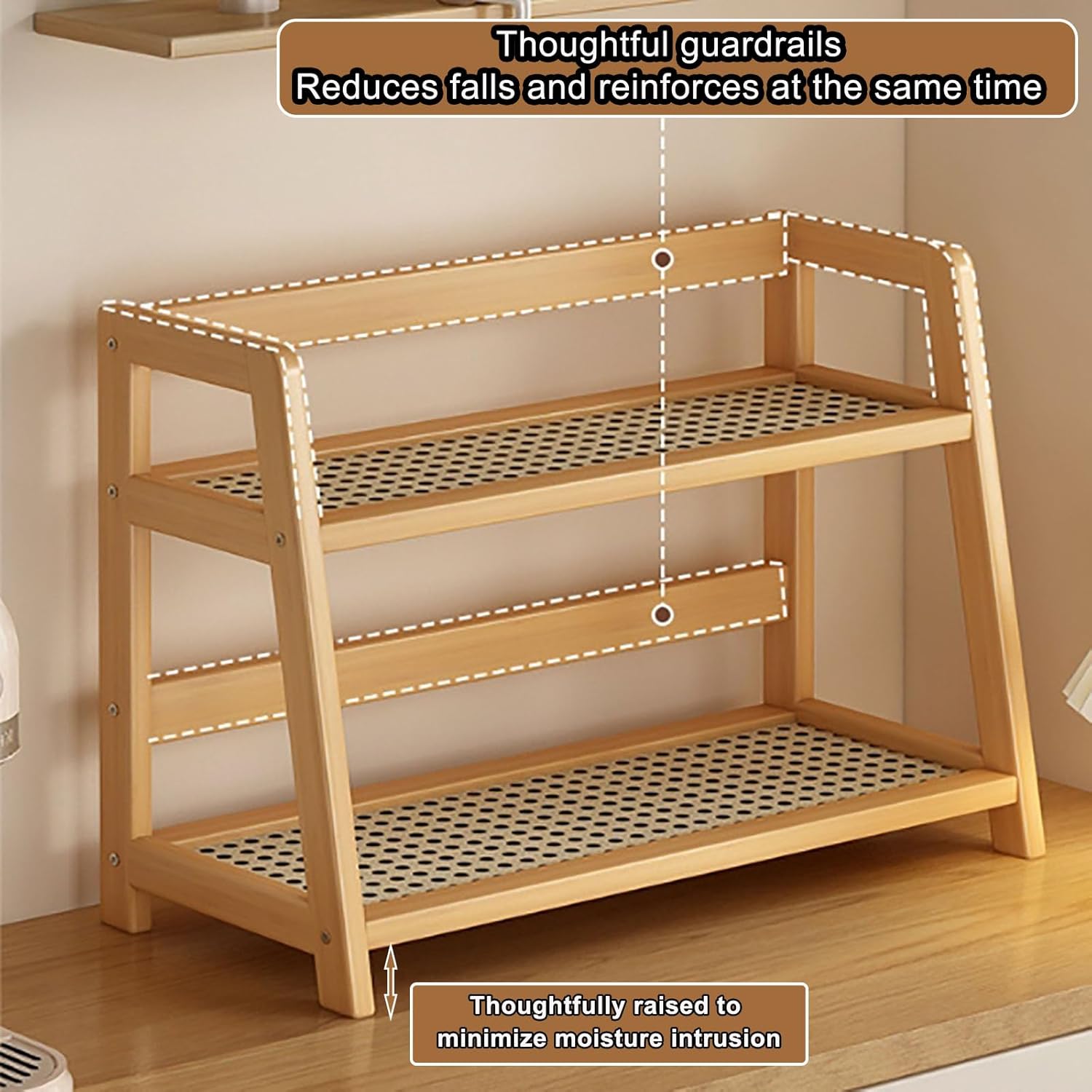 2-Tier Bamboo Coffee Mug Organizer, Multi-Purpose Tea Cup Holder Rack for Kitchen & Bathroom, Natural Wooden Storage, 15.3"x6.9"x11.2" - Space-Saving Design