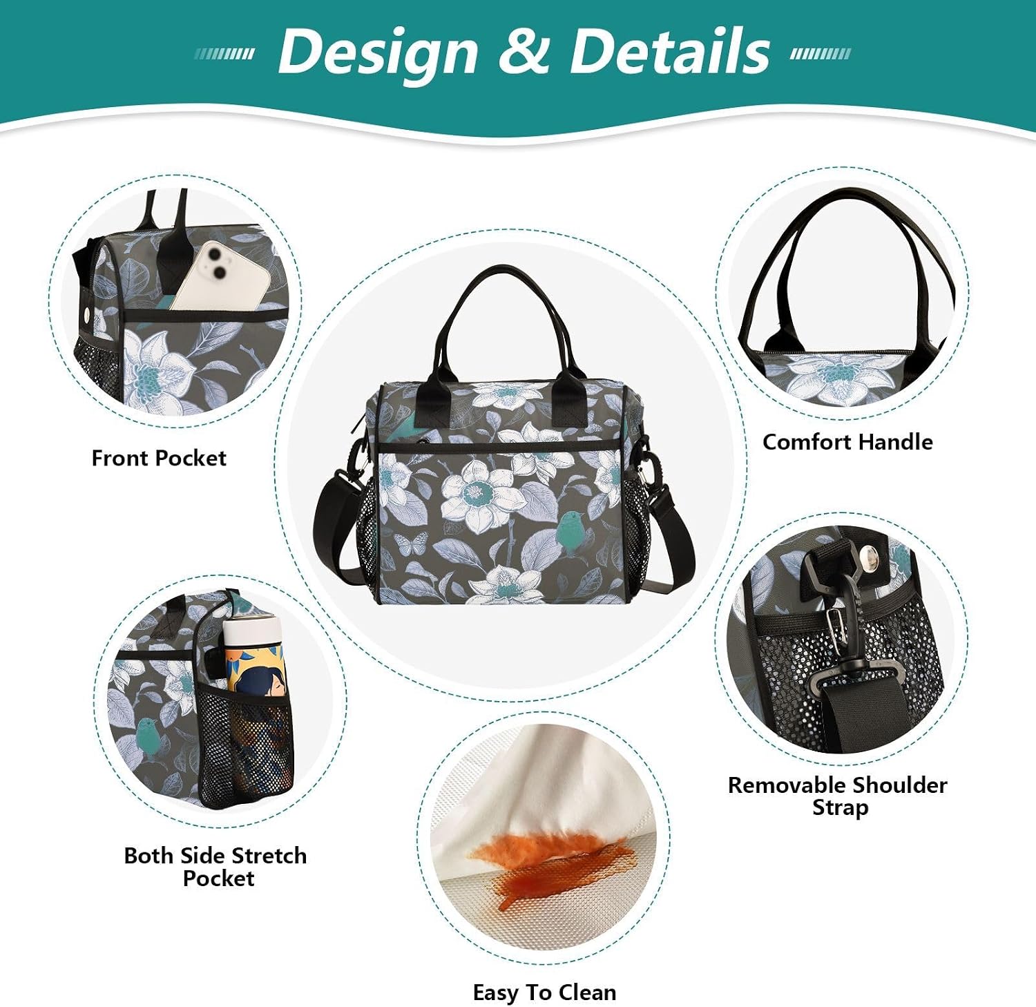 Portable Lunch Bag with Detachable Shoulder Strap Insulated & Water Resistant for Picnics and Hiking