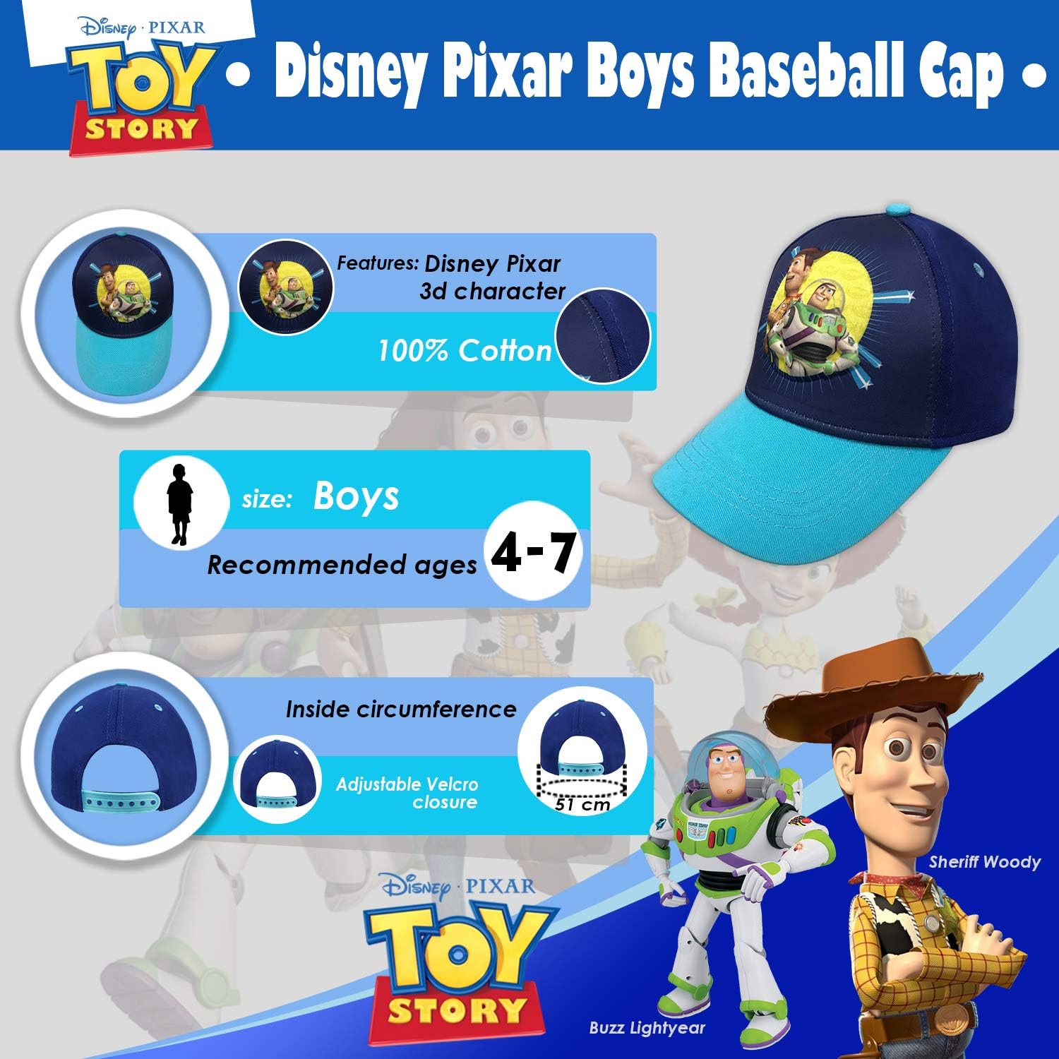 Disney Pixar Boys Toy Story 4 Buzz Lightyear Baseball Cap (Blue) - Image 2
