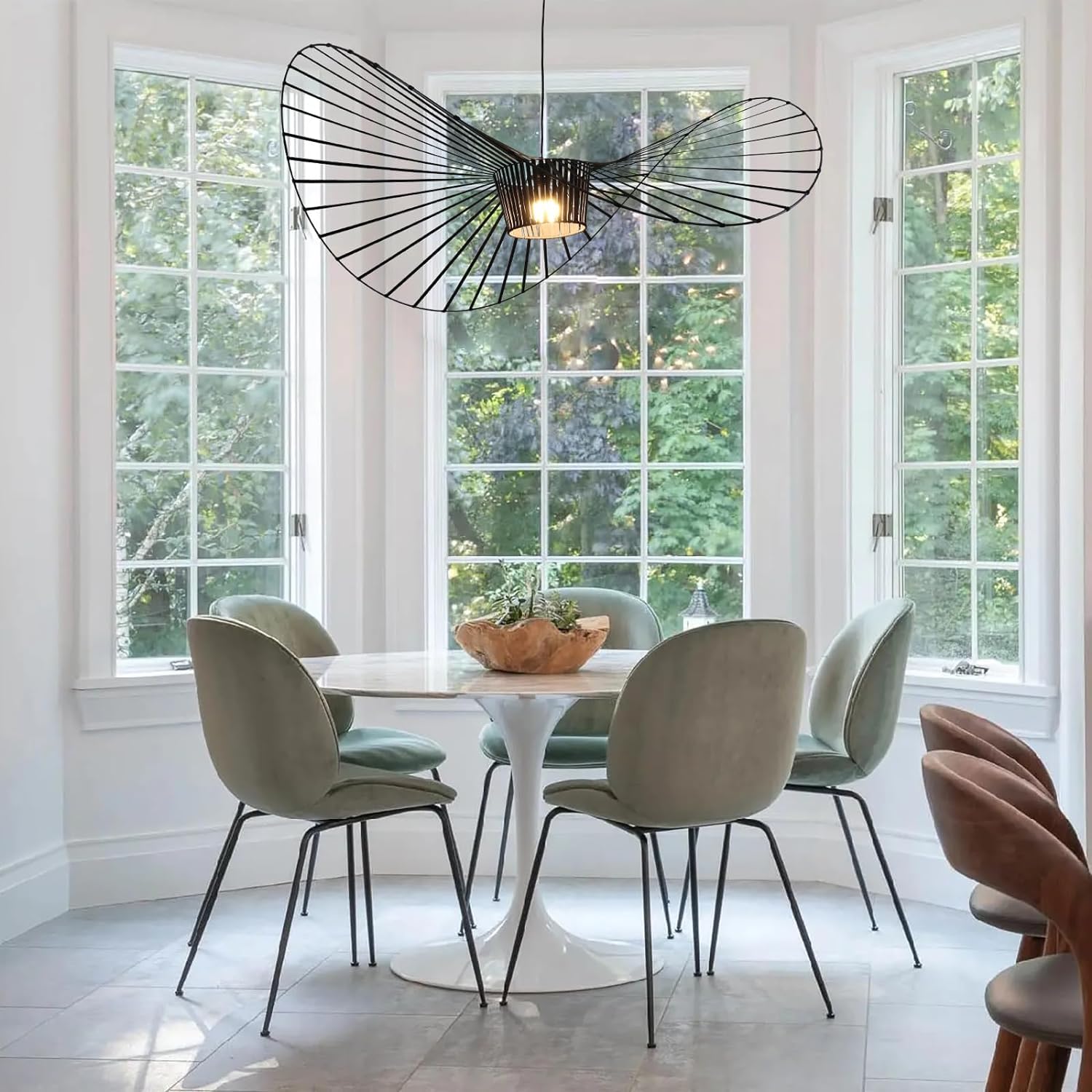 YUXN Vintage Pendant Light Living Room Hanging Lamp Chandelier Simple Creative (Light Height Adjustable), Fiberglass Hat Design + E27 Fiber Cloth Max 40W Black 120CM โ image 1