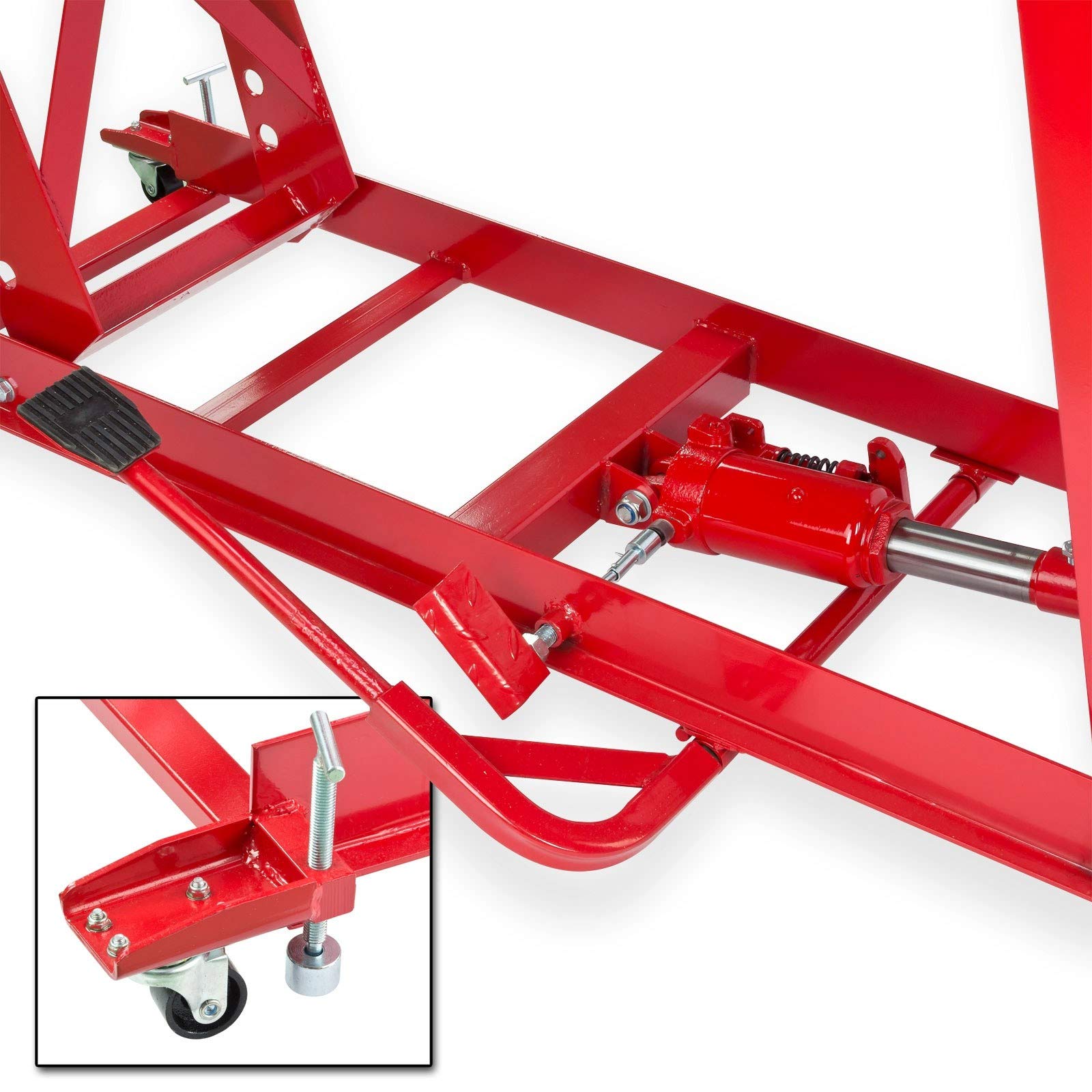 DEMA Motorrad Hebebühne hydraulisch 450kg Werkstatt Hubtisch rot | Fußpumpe, rutschfeste Plattform, Auffahrrampe, Sicherheitsarretierung, stabile Stahlkonstruktion Werkstatt Garage