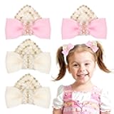 NCMAMA 2 Pairs White and Pink Cat Ears Hair Bow Clips for Kids Adult Bows for Girls with Pearl Halloween Costume Animal Cosplay Hair Accessories Birthday Party Supplies