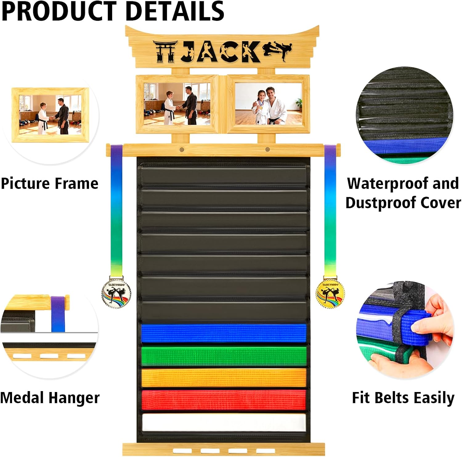 12 Karate Belt Display Rack with Bamboo Picture Frames,Covers,Medal Hanger Personalized Stickers,Jiu Jitsu BJJ Martial Arts Taekwondo Felt Belt Display Holder,Karate Gifts for Boys Men