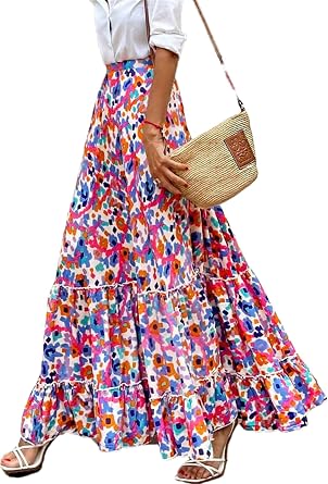 Womens Boho Floral Print Skirt Elastic High Waist A Line Skirt Summer Beach Vacation Casual Pleated Skirt Dress