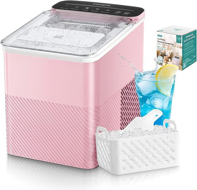 FOHERE Macchina Ghiaccio 14kg/24h, Autopulente, 2 Dimensioni,9 Cubetti in 6 Minuti, Ice Maker con Paletta/Cestello (Rosa)