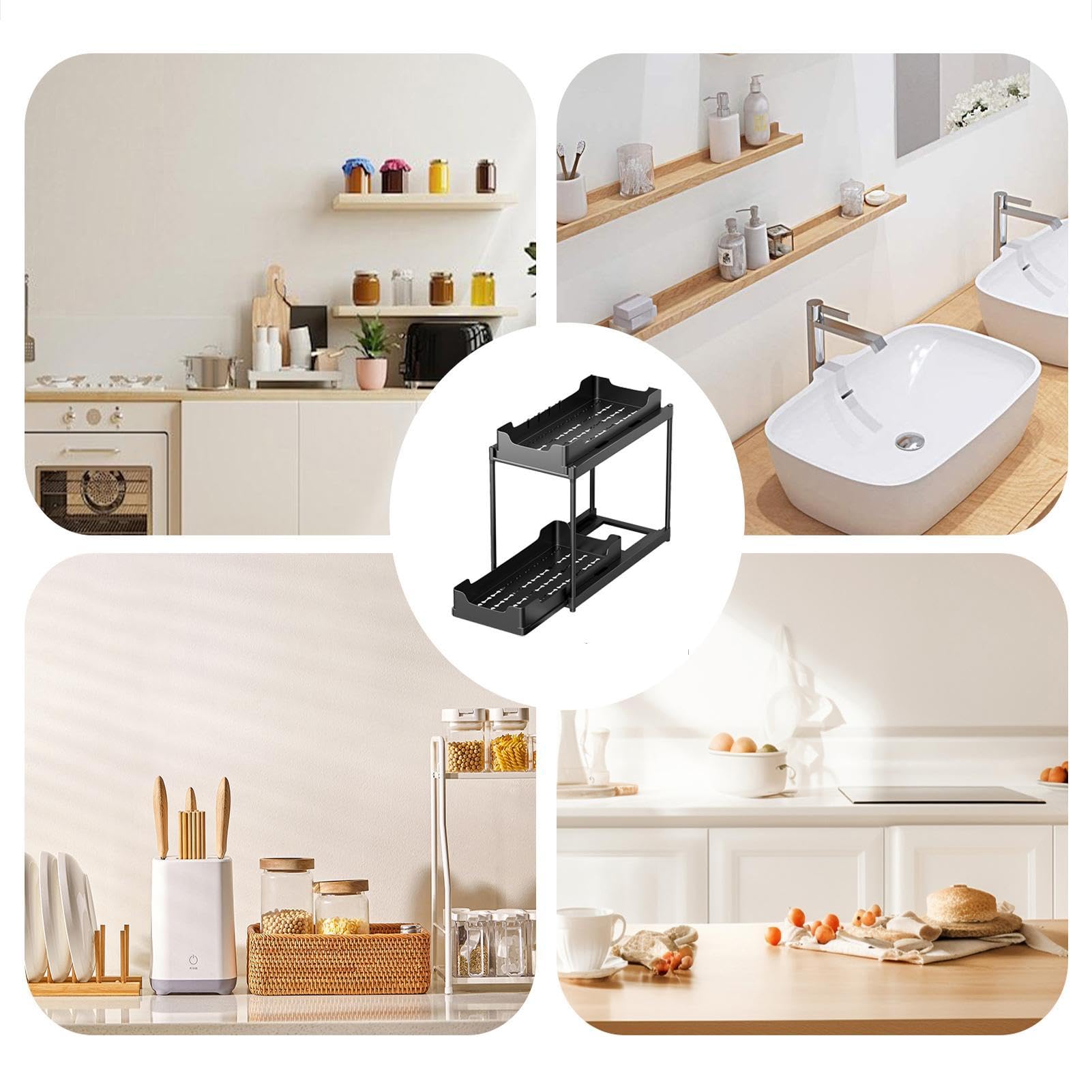 Organizzatore Sottolavello A 2 Ripiani Estraibile In Plastica - Con Maniglie E Cassetti, Per Bagno, Cucina, Dispensa, Bianco