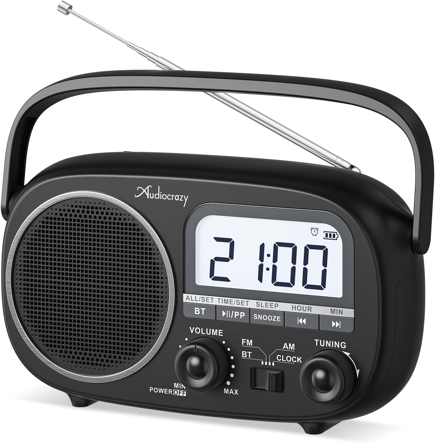 Portable Radio AM FM with Bluetooth,Built-in Rechargeable Battery/Plug in Wall/4*D Cell Battery Operated, Digital Time Display, Transistor Radio for Home,Outdoor,Gift,Seniors Space Black