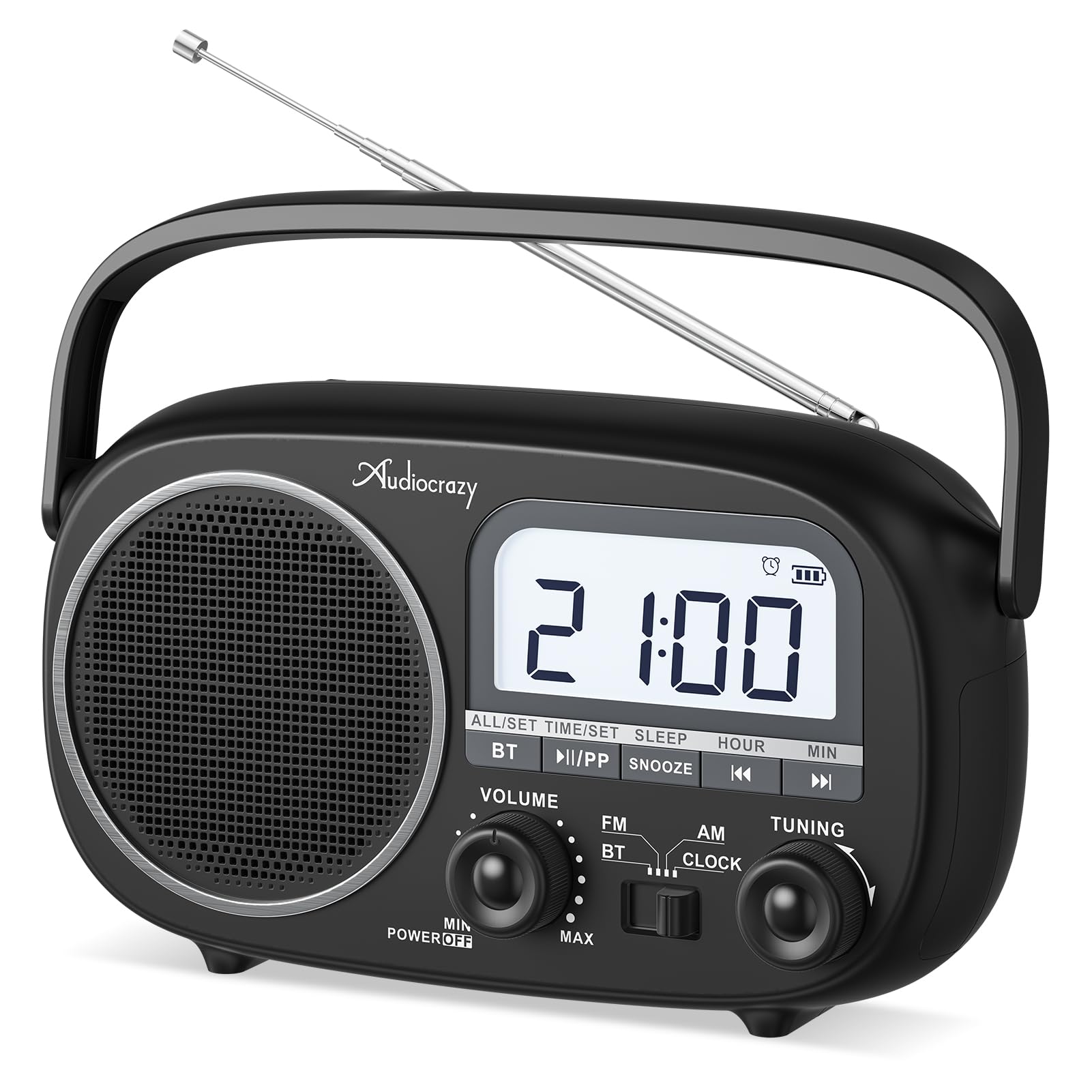 Portable Radio AM FM with Bluetooth,Built-in Rechargeable Battery/Plug in Wall/4*D Cell Battery Operated, Digital Time Display, Transistor Radio for Home,Outdoor,Gift,Seniors Black