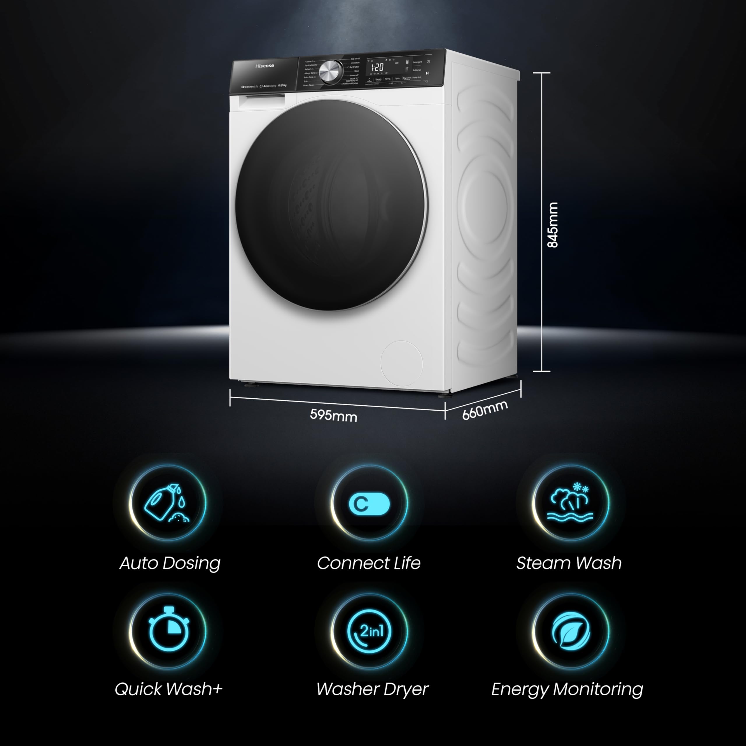 Hisense WD5S1045BW - Lavadora Secadora 2 en 1 con Vapor, Carga Frontal 10,5 Kg Lavado, 6 Kg de Secado, 1400 rpm, Motor Eficiente Inverter, Sistema Antibalanceo, Puerta XL, Serie 5S, Display LED