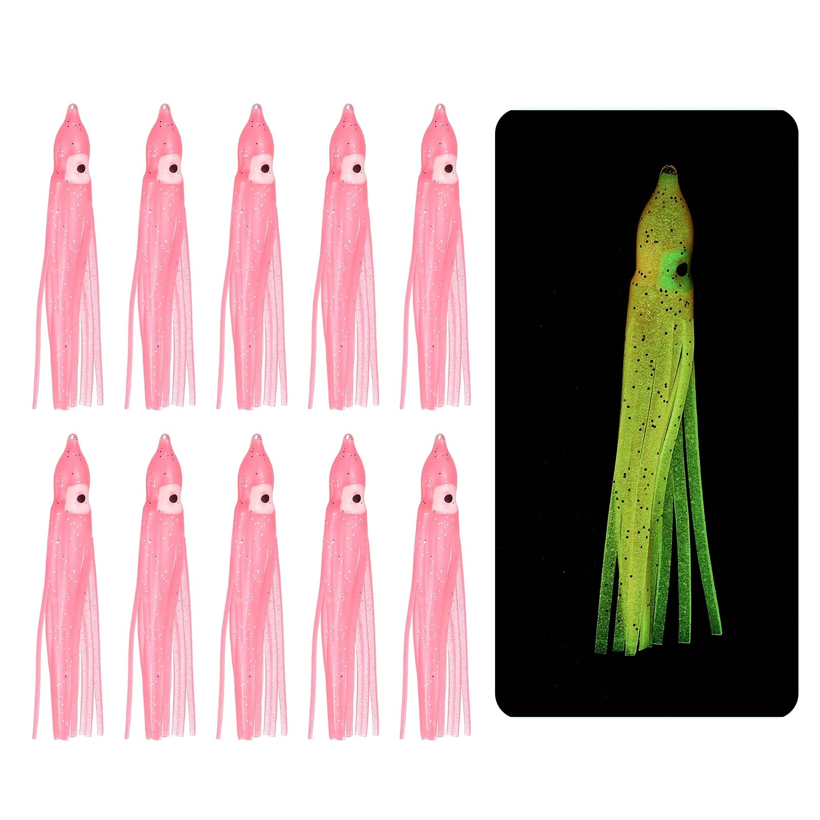 YELARXI Fishing Squid Skirts Lures Glow Soft, 2.8 x 0.4 Inch & 10 Pcs & Light Pink