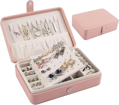 Zodaca Pink Jewelry Travel Organizer Case, Portable Storage Box Holder for Rings Earrings Necklaces, Gifts for Women, Pink