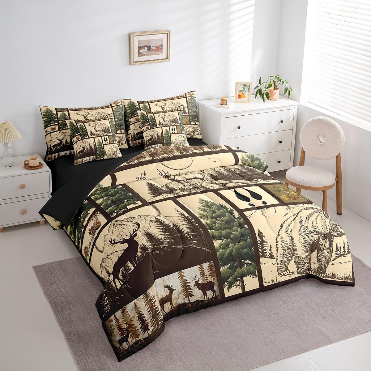 Feelyou Deer Bed in a Bag Full Size Bear Comforter Set 7 Pieces Moose Wild Animal Rustic Cabin Country Tree Mountain Bedding Set Room Decor Brown Plaid Bed Set with Comforter, Sheet Set, Pillowcases
