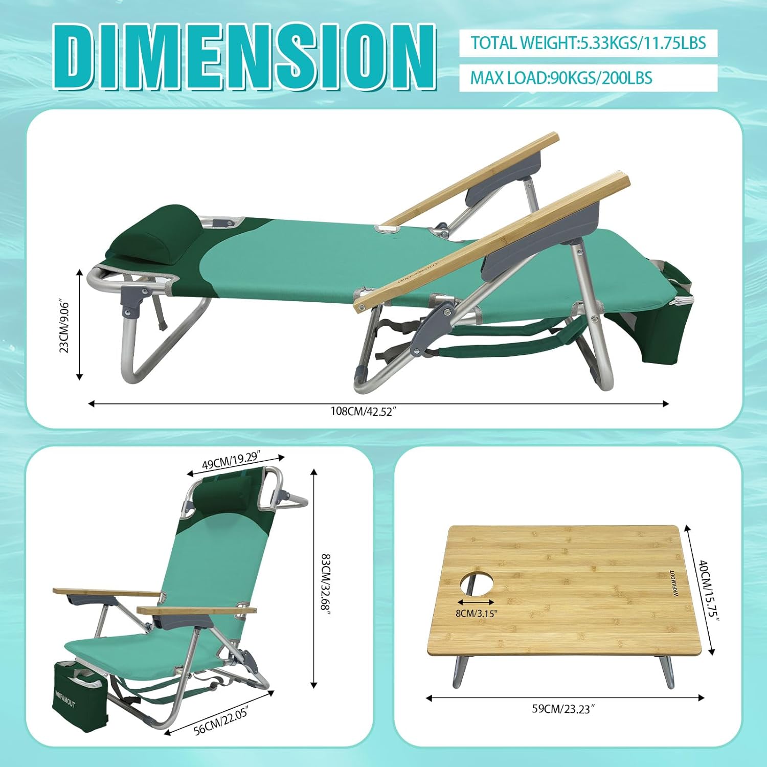 Folding Backpack Beach Chair Aluminum 5-Position with Samll Camping Table Bamboo Lay Flat Lounge Chair Outdoor for Adults with Insulated Cooler Bag - Image 2