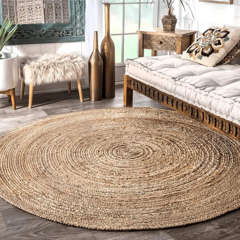 Image of Festive Textile Jute Braided Natural Rug Hand Woven & Reversible for Living Room Kitchen Entryway Rug, Jute Burlap Braided Rag Rug, Farmhouse Rag Rug, Rustic Rug Jute Carpet for Living Room