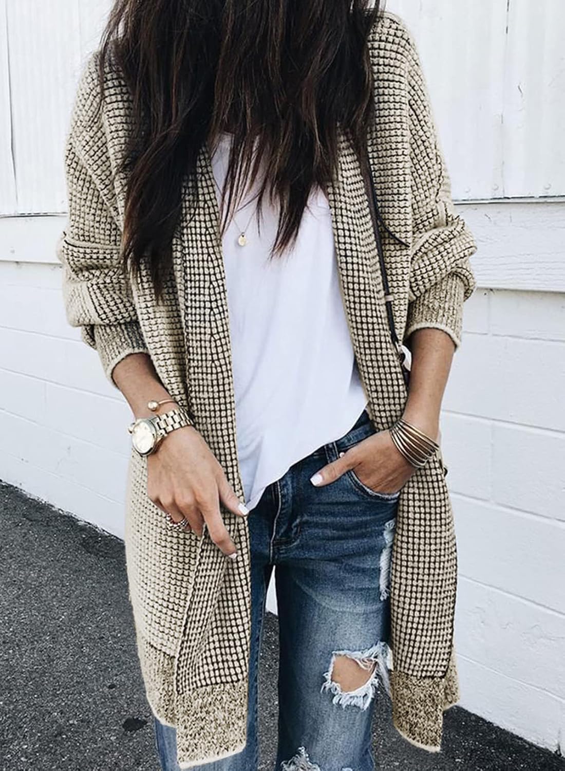 Sidefeel Womens 2025 Fall Outfits Long Sleeve Open Front Cardigan Sweaters Oversized Checkered Chunky Knit Sweaters Coat - Image 3