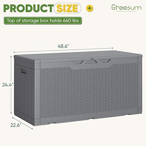 Vista 74 de Greesum Caja de resina de 31 galones para todo tipo de clima, cajas de almacenamiento al aire libre para muebles de patio, juguetes al aire libre