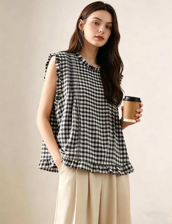 Xiaoxuemeng Womens Sleeveless Plaid Tank Top Retro Back Button Closure Vest