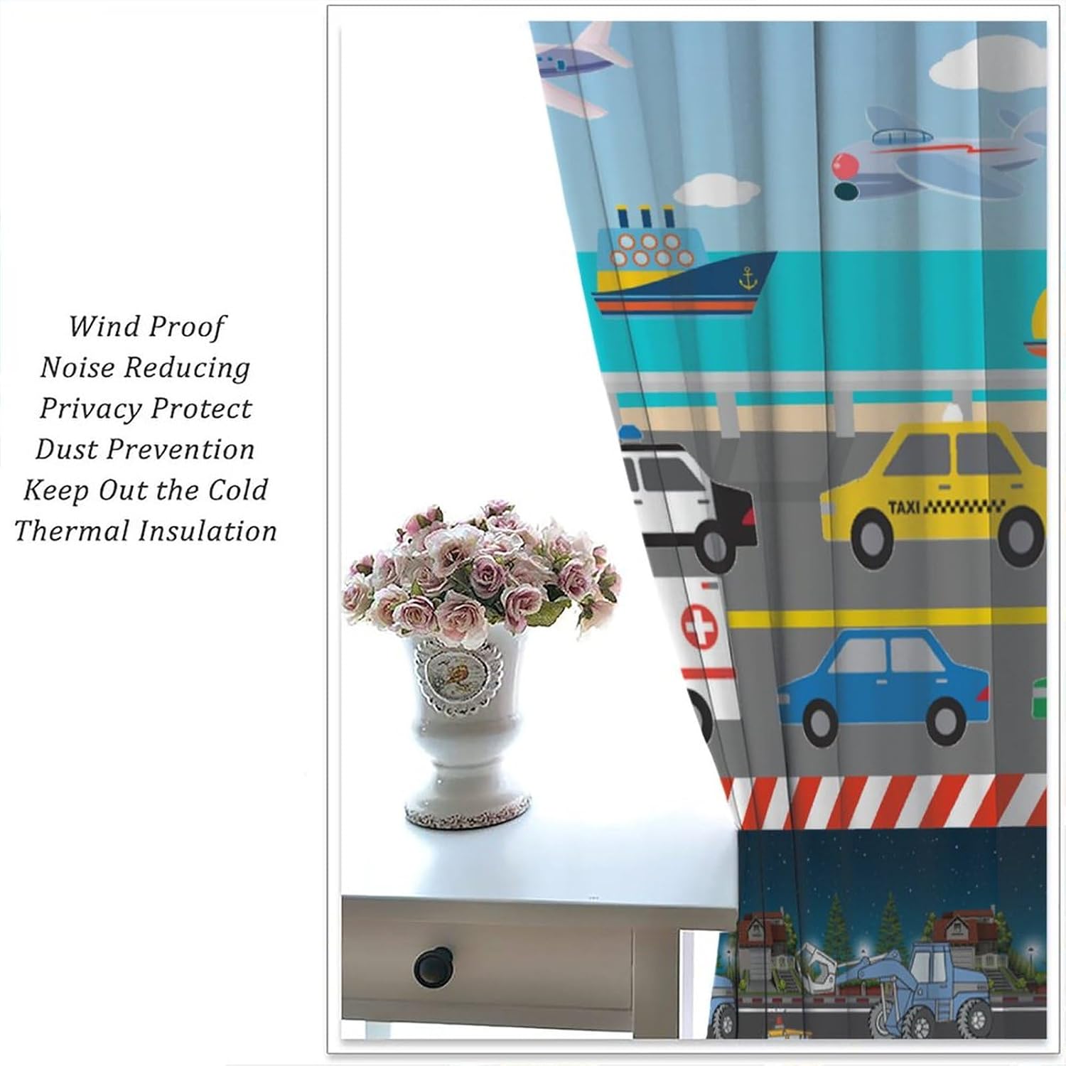 Kids Construction Curtains for Bedroom,Cartoon Colorful Cars Bulldozer Tractor Truck Airplane Ship Print Window Treatments for Boys Baby Room Nursery Study 2 Panels Set,Total Size 42 x 45 Inch
