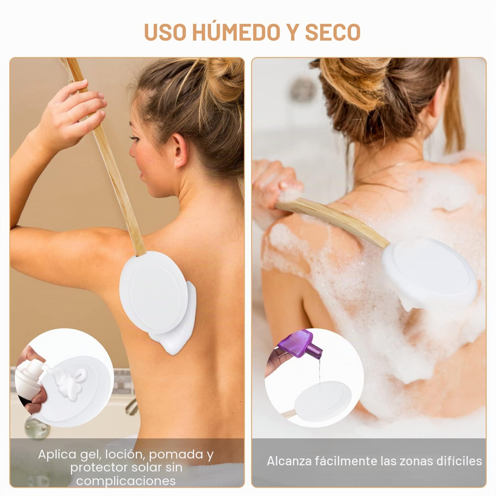 URAQT Aplicador Crema Espalda, 7 Pack Aplicador de Loción de Mango Largo, 2 en 1 Cepillos de Cuerpo para Autoaplicación y Ducha con 4 Almohadillas de Esponjas, Esponja Exfoliante de Lufa (Blanco)
