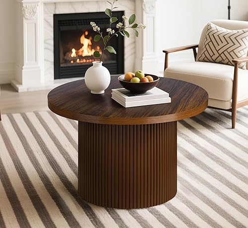 Miniatura 2 de Mesa de centro redonda de 31.5 pulgadas, única mesa de té de madera marrón pequeña, mesa central redonda bohemia moderna de mediados de siglo para