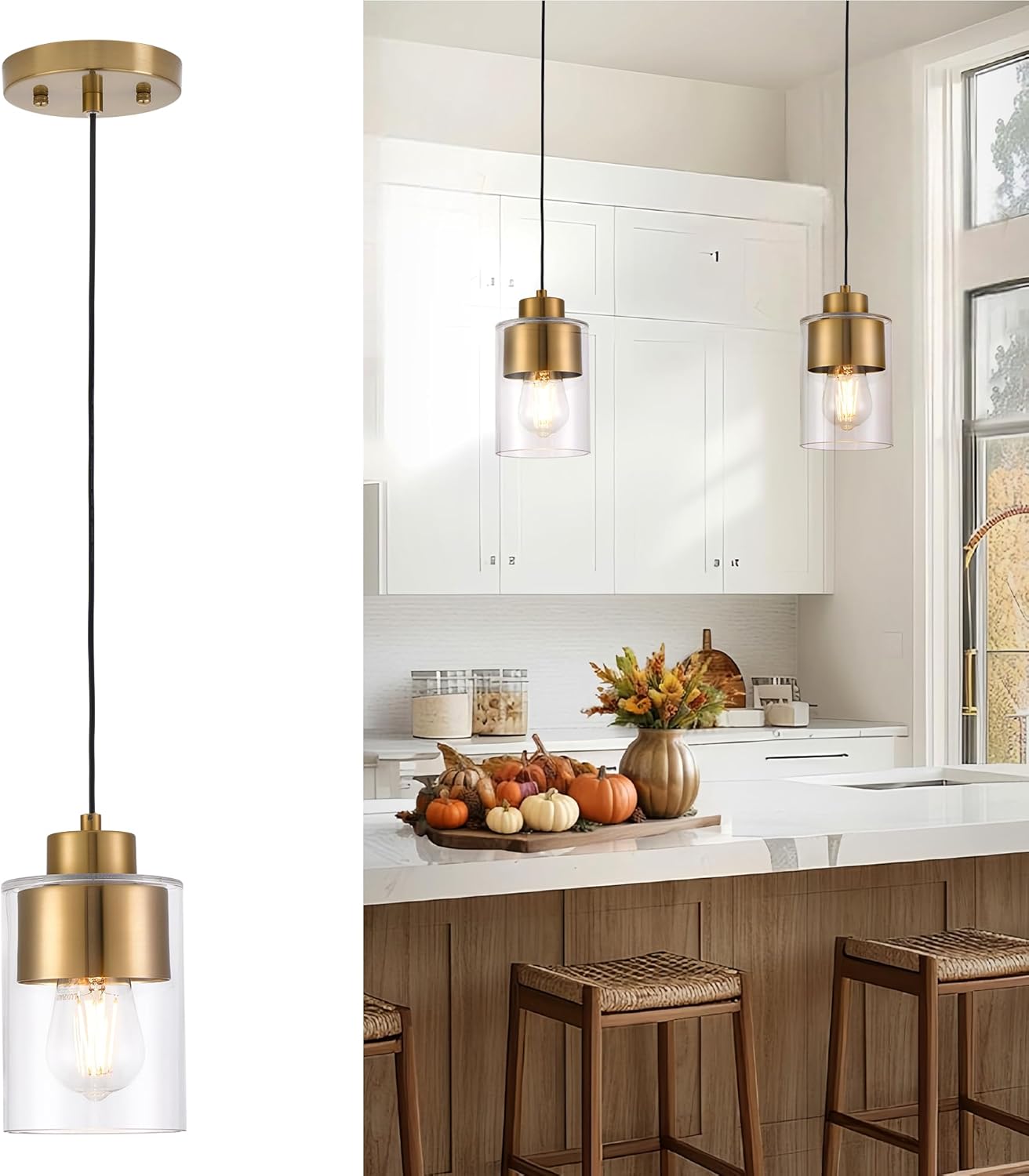 Gold Pendant Lights Kitchen Island - Hanging Lights Fixtures with Dual Shade - Clear Glass Modern Kitchen Pendant Lighting Over Island, H2514-BG
