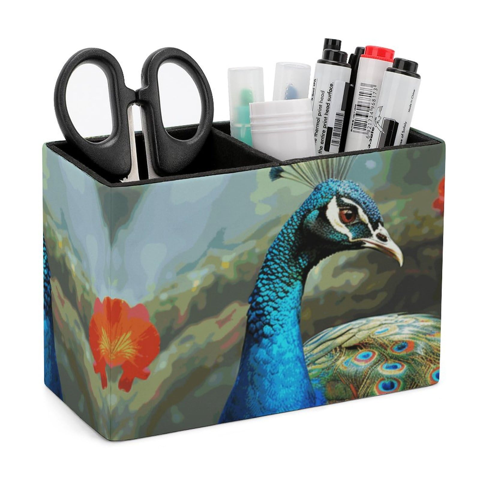 NONHAI Lether Pen Holder for Desk, Colorful Peacock Pencil Holder Organizers for Desktop, Pencil Cup Stationery Organizer for Office Desk Accessory, Square Makeup Brush Srotage Box Pencil Caddy