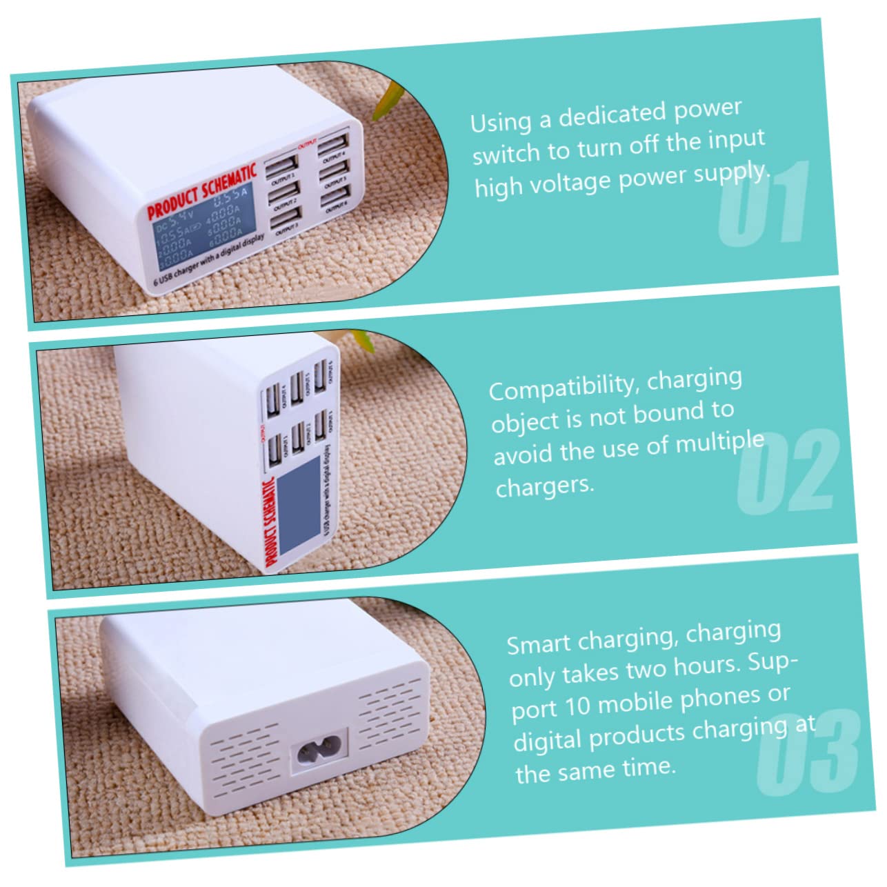 LALAFINA Estación de Carga Inteligente USB 6 Puertos para Múltiples Dispositivos, Usuarios Domésticos y Viajeros, Pantalla LCD, Protección contra Sobrecargas, Compacto, Adaptador Europeo